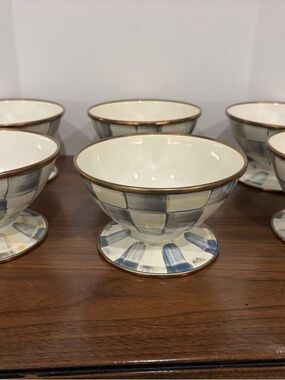 6 MACKENZIE CHILDS STERLING CHECK ENAMEL ICE CREAM DISH FOOTED BOWL